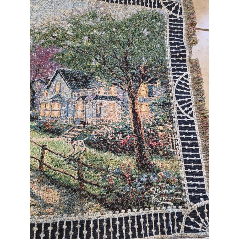 Thomas Kinkade Woven Tapestry Throw Blanket Rainy Neighborhood